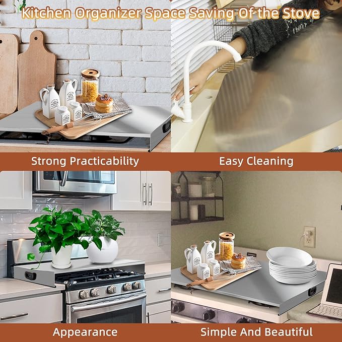 Stainless Steel Gas Stove Top Cover, Noodle Board Cooktop Cover, Kitchen Organizer for Gas and Electric Stove Range Expanding Kitchen Space, Large Size 36"x 23.6"x3", Sliver