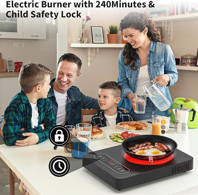 GIHETKUT Single Burner Electric Cooktop,110V 1800W Electric Stove Top with LED Touch Control,10 Power Levels, 4 hTimer, Safety Lock,single electric burner Overheat protection