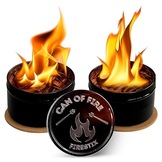[2-Pack] Can of Fire Tabletop Mini Bonfires – 2–3 Hour Burn Time – Made from Recycled Wood Chips & Paraffin Wax – Includes Safety Coasters – Reusable Flame for Camping, Ambiance, and Emergency Heat