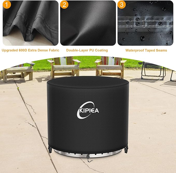 Kipiea Round Fire Pit Cover for Solo Stove Yukon - 100% Waterproof Smokeless Fire Pit Cover, Upgraded 600D Strong Tear and UV Resistant - 30" Dia X 16" H