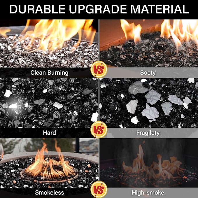 NUPICK 10 Pound Fire Glass, 1/4 Inch Reflective Fire Pit Glass, Tempered Firepit Glass Rock for Propane or Natural Gas, Glass Rocks for Fire Pit Table, Fireplace Glass for Landscaping, Black