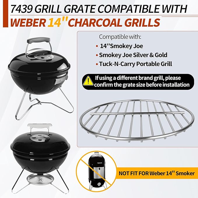 10.5" Charcoal Grate for Weber Charcoal Grills, Round Charcoal Grate for 14'' Weber Smokey Joe Silver&Gold Tuck-n-Carry, Heavy-Duty Steel 7439 Grill Grate for Weber Grill Parts