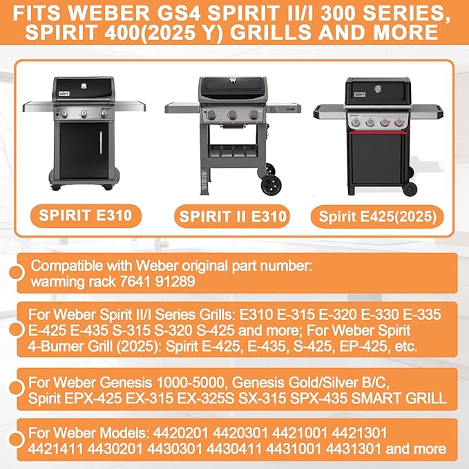 7641 Warming Rack for Weber GS4 II/I Spirit 300 SER Spirit 400(2025 Y) Weber Spirit 2 Grill Parts for Webber Genesis Silver Gold B/C, 91289 Upper Rack for Webber Genesis 1000-5500, 304 Stainless Steel