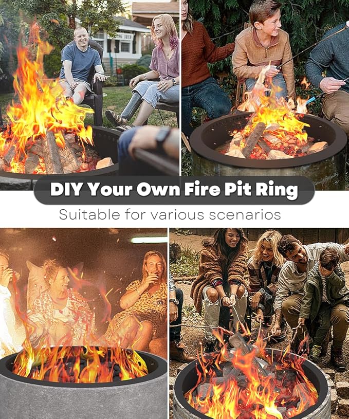 31 Inch Smokeless Fire Pit Ring Insert Outdoor, Heavy Duty Metal Steel DIY Firepit Rim Liner Round Campfire Rings for Outside Wood Burning Above or In-Ground, Black