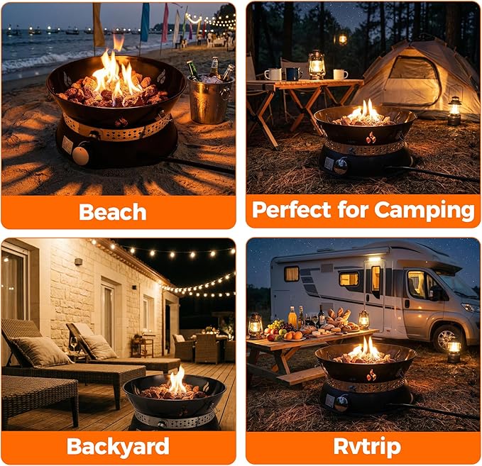 19" Propane Gas Fire Pit with Auto Flame-Out Gas Shut-Off, Portable with Lid & Carry Handle, 58,000 BTU, 10 FT Hose, 8 lb Lava Rocks for Camping, RV, Patio, Backyard,Propane Fire Pit for Camping