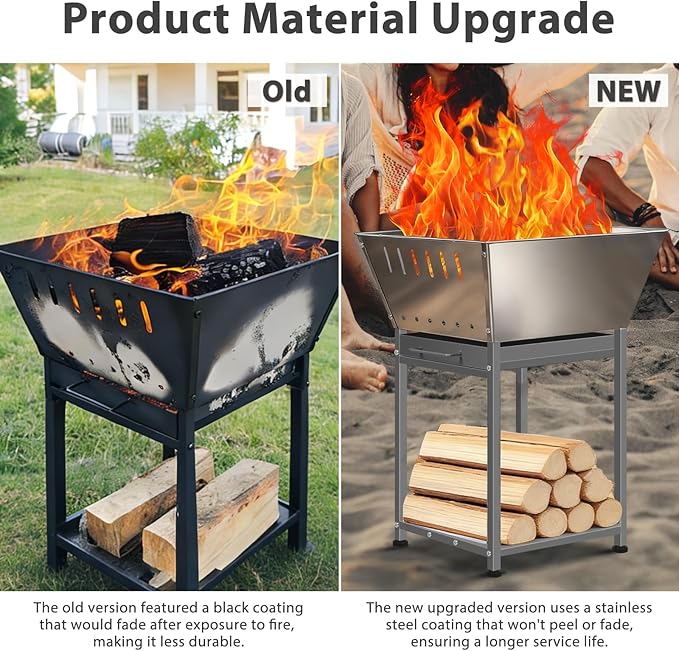 Stainless Steel Square Wood Fire Pit with Grill, 2-in-1 Outdoor Firepit with Ash Pan and Wood Storage, Portable for Backyard, Patio, Camping Use
