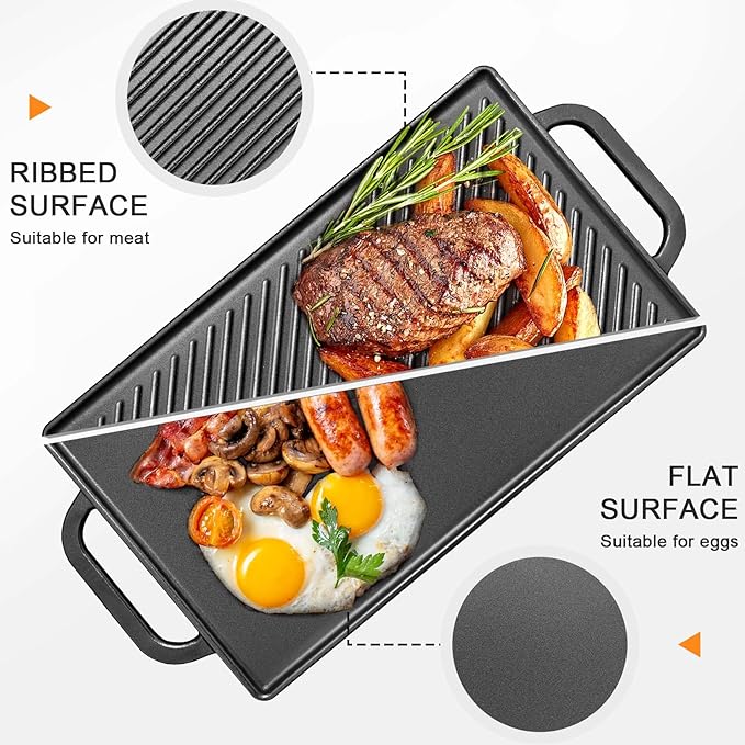 GasSaf Cast Iron Griddle 15x9 Inch, Reversible Double-Sided 2-in-1 Griddle Plate for Two Burners Stovetop, Outdoor Grills and Camping Setups, Cast Iron Grill Pan with Flat & Ribbed Plates
