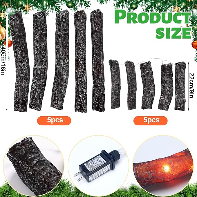 Tuanse 10 Pcs 8.7 in, 16 in Flameless Fake Fire Log Spring Summer Beach Camping Themed Party Decorations Fake Campfire Battery Operated Artificial Fire Pit for 4th of July Easter Party Decor
