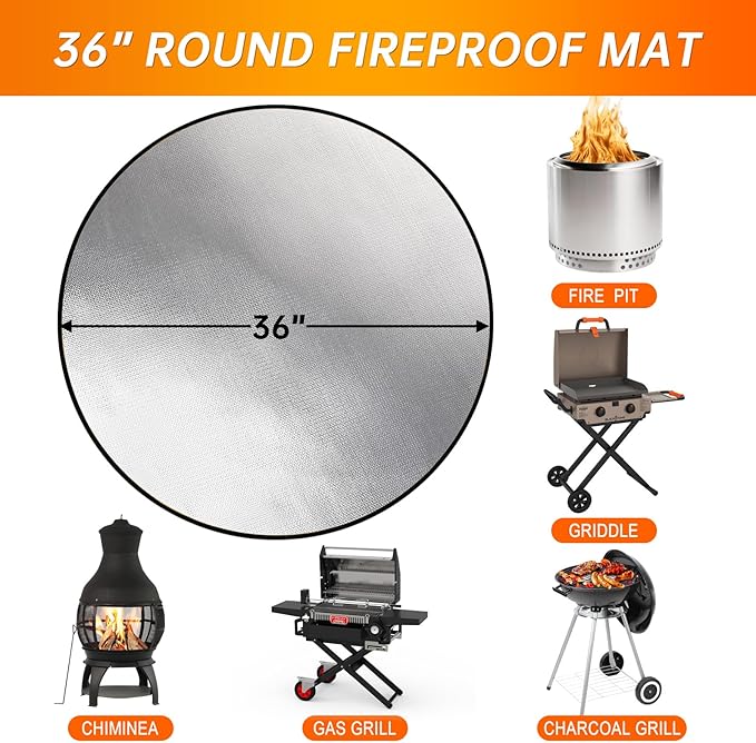 DocSafe 36" Round Fire Pit Mat for Solo Stove Bonfire,4-Layer Double-Sided Fireproof Heat Insulated Under Grill Mat Protector for Deck,Patio,BBQ,Oil-Proof and Reusable and Waterproof,Black＆Silver