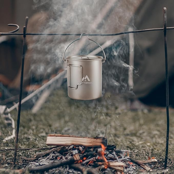 THTYBROS Titanium 750ml Pot with Titanium Spork, Ourdoor Solo Camping Mug, Hanging Cup Spork Kits