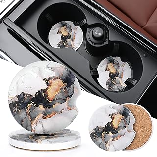 Car Cup Coasters - Car Cup Mat 2 Pack - 2.56'' Ceramic Car Coasters for Cup Holders - Absorbent Car Coaster with Cork Back and Finger Notch for Easy Move of Auto Cup Holder Black