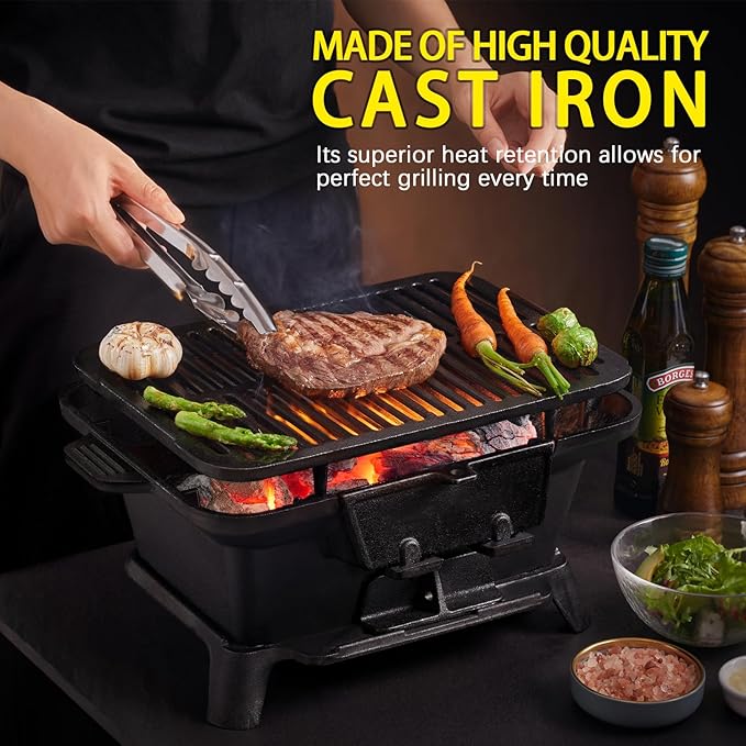 Hibachi Grill Outdoor, Portable Small Charcoal Grills, 100% Cast Iron, Mini Japanese Yakitori Tabletop Skillet Grill Stove for Outdoor Camping - Coal Door, Draft Door, Ideal for 2 People