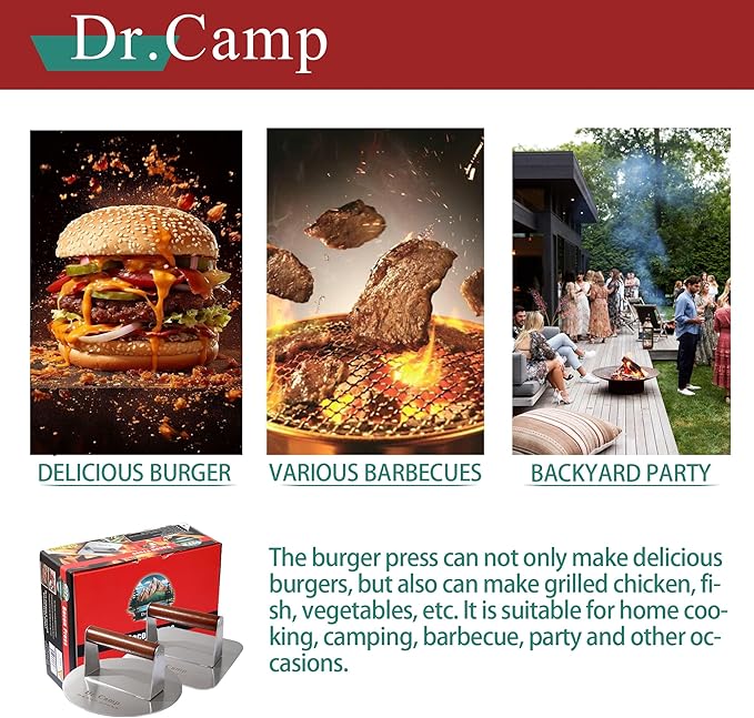 Dr.Camp 2 Pack Stainless Steel Burger Press with Real Wood Handle 7 Inch Smash Burger Press Bacon Press Grill Press Set for Griddle Flat Top Hamburger Smasher Meat Press