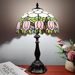 Tiffany Table Lamp 3-Color Light Stained Glass Lamp Tiffany Style Vintage Beside Reading Lamp 12 inch Living Room Light Flowers Style Antique Nightstand Light (Pink Tulip)