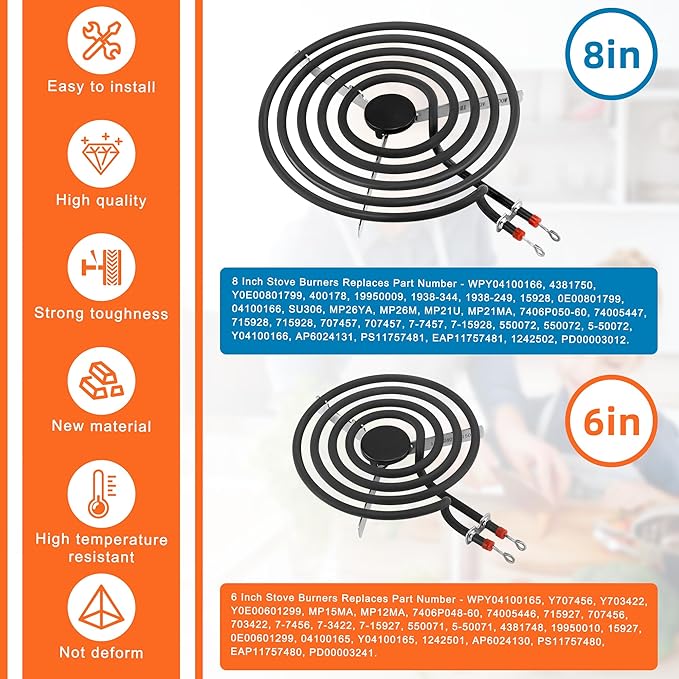 Electric Stove Burner Element 2*MP15YA 6"+2*MP21YA 8",MP22YA Electric Range Burner Element Compatible for Ken-more May-tag Whirl-pool etc Range Stoves by MIFLUS