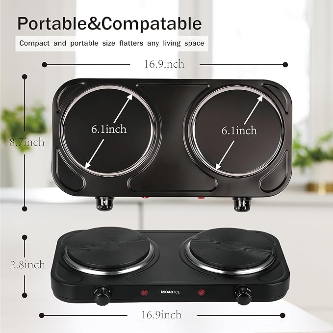Countertop Double Cast Iron Burner 1800 Watts Electric Hot Plate with Adjustable Temperature 6.1" Cooktop for Dorm, Office, Home, Camp, Compatible for All Cookwares
