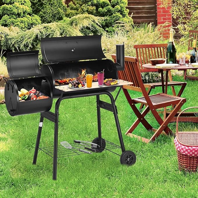 HAPPYGRILL Portable Charcoal Grill with Smoker, Thermometer, Side Shelf & Adjustable Damper, BBQ Grill Oven with 2 Moveable Wheels for Camping Patio Backyard Party