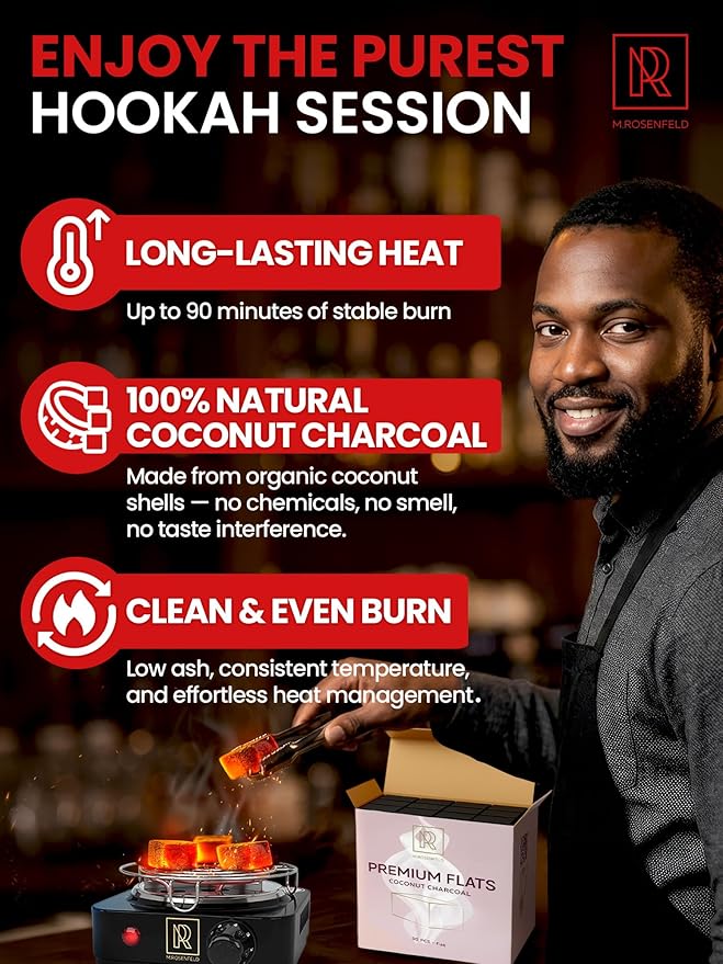 Hookah Coals Flats Coconut Charcoal for Hooka – 30 Count Value Pack Premium Quality 15mm (1x1x0.6 in) – M. ROSENFELD 100% Natural Coconut Hooka Charcoal for Hookah – NOT Quick Light Charcoal Pills
