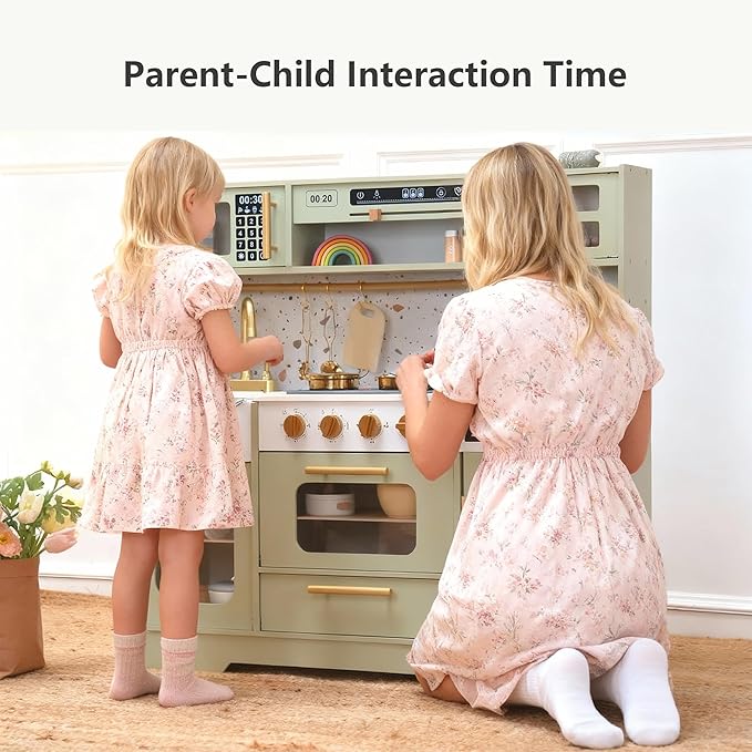 Kids Wooden Play Kitchen Set – Realistic Pretend Play Kitchen with Stove, Sink, Coffee Maker, Ice Maker & 15 Fun Accessories | Montessori-Inspired Toy Kitchen for Toddlers Ages 3+