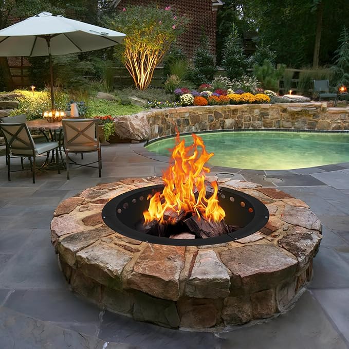 Outdoor Smokeless Fire Pit Ring 34 Inch Outer/30 Inch Inner Diameter, Heavy Duty Metal Round Liner Insert for Outside DIY Campfire or Bonfire Ring, Above or In Ground Use