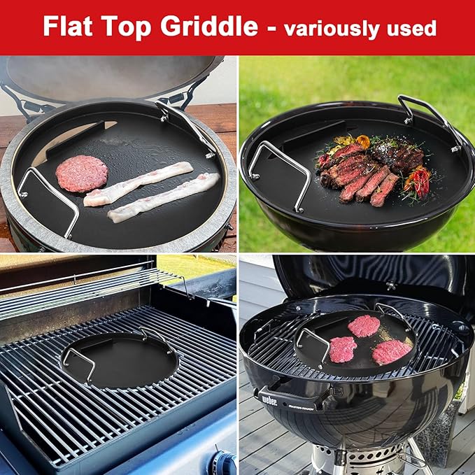 Full Size Griddle Inserts for Weber 14" Charcoal Grills Smokey Joe/Smokey Joe Premium/Smokey Mountain Cooker Smoker, Flat Top Griddle for Small Big Green Egg Grills, Replacement Part for Weber 7431