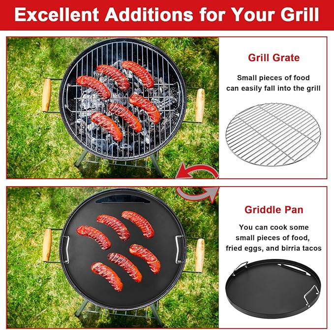 Full Size Griddle Inserts for Weber 18" Charcoal Grills, Flat Top Griddle for Weber 18" Original Kettle, Jumbo Joe and Smokey Mountain Cooker Smoker Charcoal Grill, Replacement Part for 7432 7433