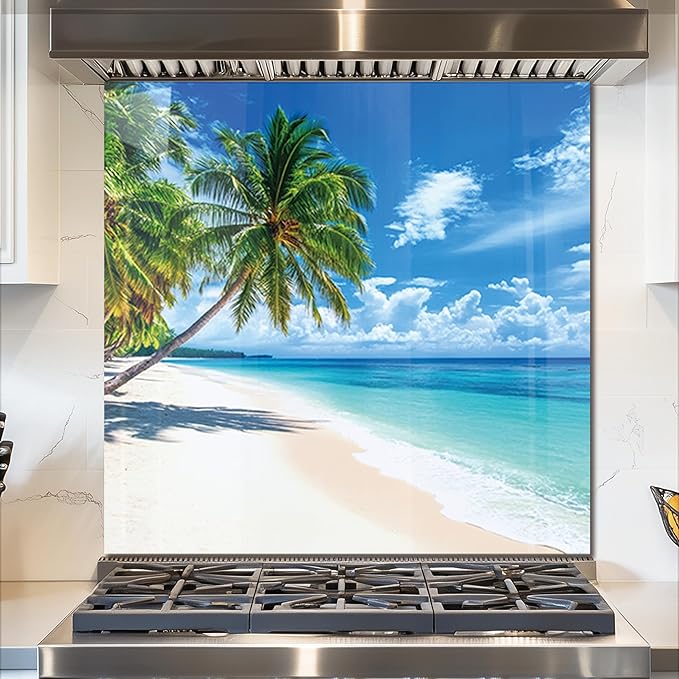 fzxwyishu Tempered Glass Backsplash for Kitchen,Stove Splashback Protector Beach Scenery Design | Heat-Resistant Splash Board, Kitchen Wall Decoration (Art Deco 2, 30"x30"(76.2x76.2cm))