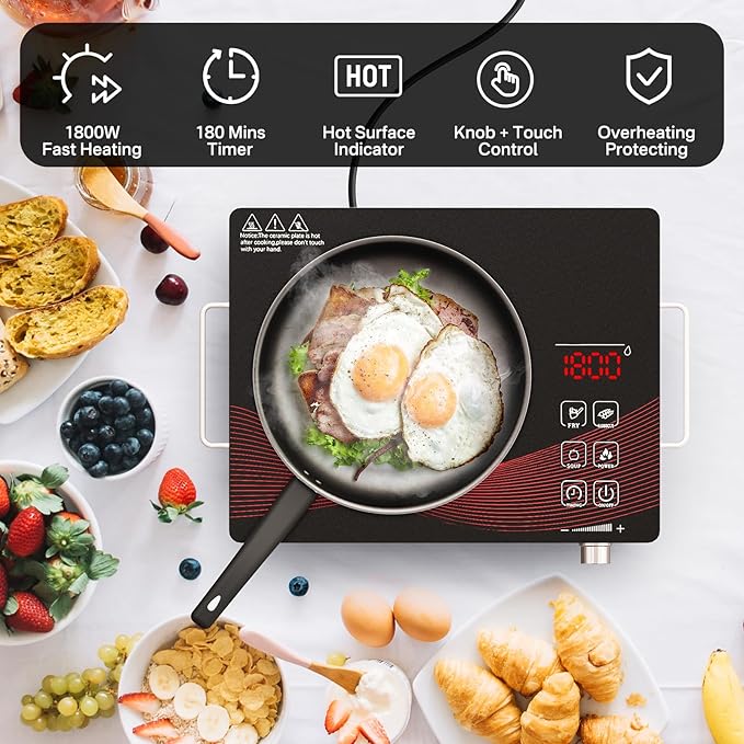 1800W Infrared Hot Plate, Portable Single Burner Electric Cooktop with Timer & Touch Control, 18 Heat Levels, Ceramic Cooktop for All Cookware