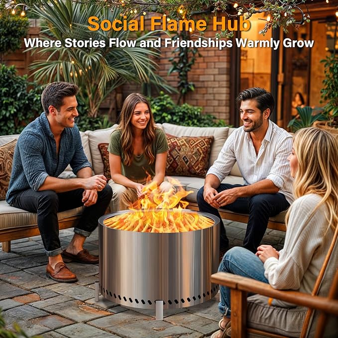 HGD 28 Inch Smokeless Firepit, Large Stainless Steel Fire Pit, Wood Burning Firepit for Patio Garden Picnic