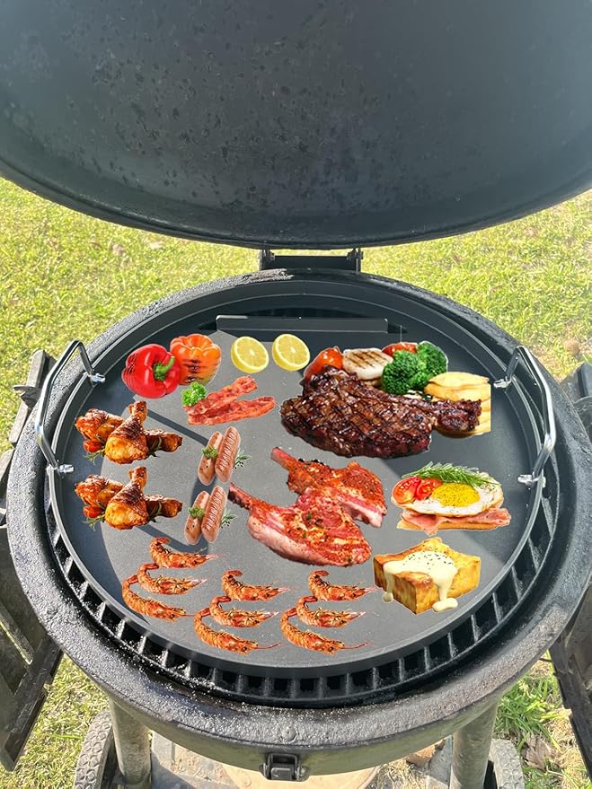 Cast Iron Full Size Round Flat Top Grill Cooking Griddles for BGE, Big Green Egg Large, Kamado Joe Classic, Jumbo Joe and Smokey Mountain Cooker Smoker 18" Charcoal Grill