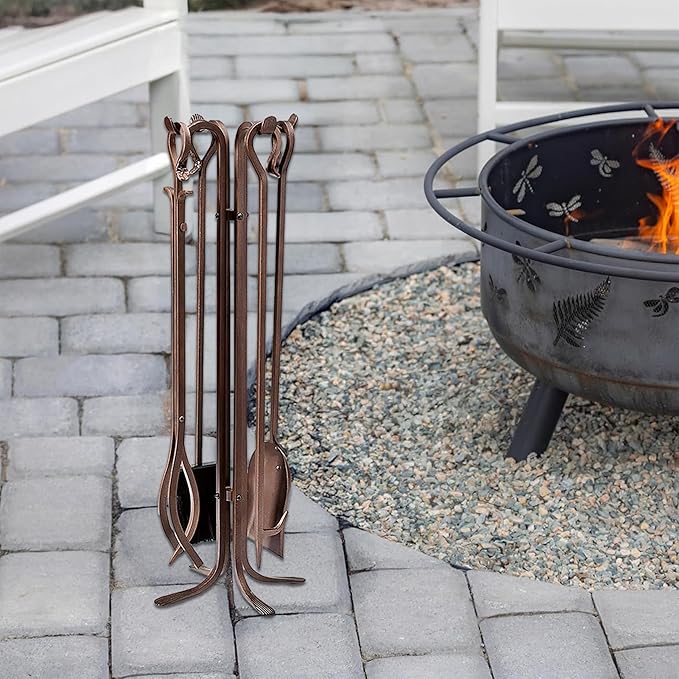 Plow & Hearth 5 Piece Hand Forged Iron Fireplace Tool Set 27.5" | Bronze Wrought Iron Handle for Outdoor Indoor | Stand Poker Shovel Brush Log Tongs Wood Stove Accessory