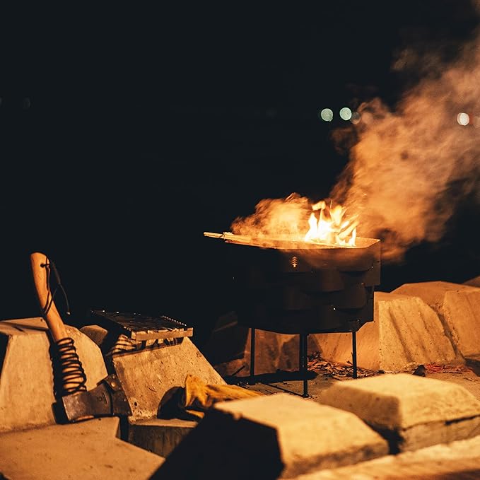Fire Pit, Halo Fire Place Outdoor Portable Wood Fire Pits Includes A Grill, A Bag, Hexagonal Fireplace for Patio Camping Gift (Hot-Rolled Steel Firepit with a Grill, Medium)