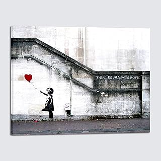Wieco Art Canvas Paintings Wall Art Banksy Grafitti Girl with Red Balloon Grey Large Love Canvas Prints Pictures Modern Gallery Wrapped Inspirational Artwork Ready to Hang for Home Office Decor