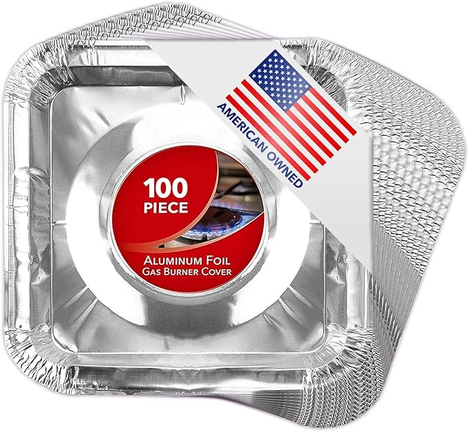 Disposable Gas Burner Liners (100 Pack) Aluminum Foil Square Gas Stove Burner Covers - 8.5 Inch Gas Range Protector, Stove Top Covers for Gas Burners, Foil Liners to Catch Oil, Grease, and Food Spills