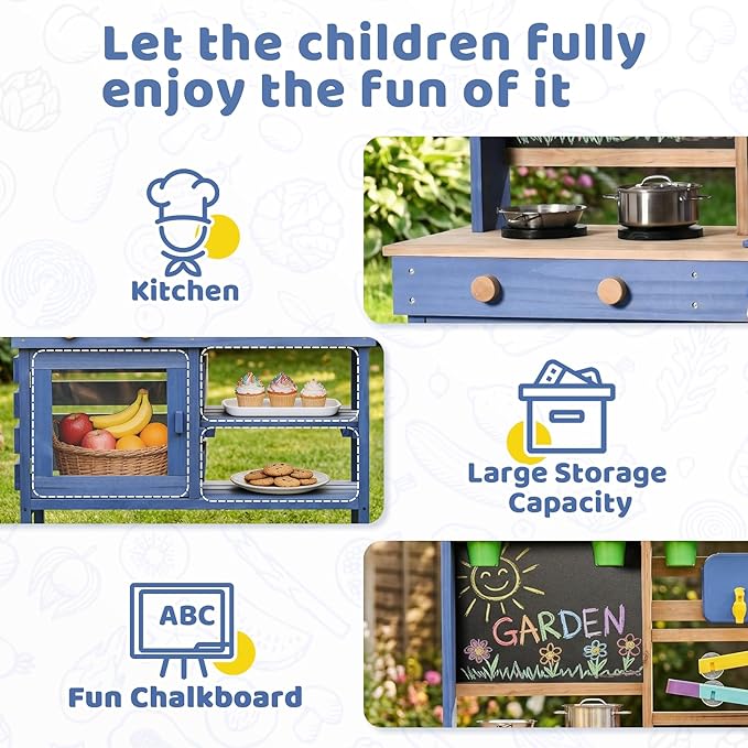 Wooden Outdoor Mud Kitchen for Kids, Pretend Play Kitchen Playset with Removable Sink, Faucet, Stove Top, Planting Area & Cooking Accessories, Toddler Gift for Boys Girls Ages 3+ (Blue)