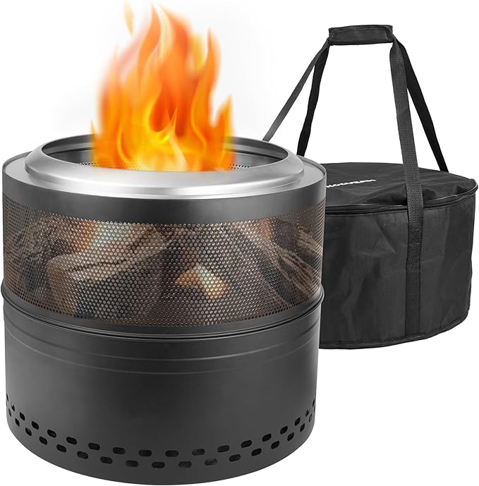 Smokeless Firepit Bonfire 20", Outside Wood Burning Metal Stove Stainless Steel Fire Pit with Carry Bag, Portable Camping Propane Patio Backyard, Easy Setup & Cleaning (Black)