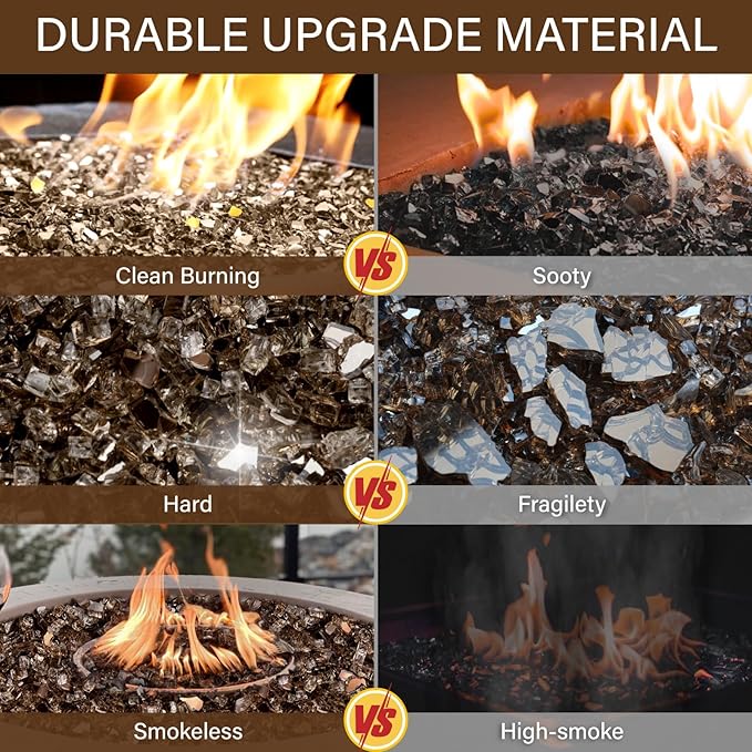 NUPICK 20 Pound Fire Glass, 1/2 Inch Reflective Fire Pit Glass, Tempered Firepit Glass Rock for Propane or Natural Gas, Glass Rocks for Fire Pit Table, Fireplace Glass for Landscaping, Bronze