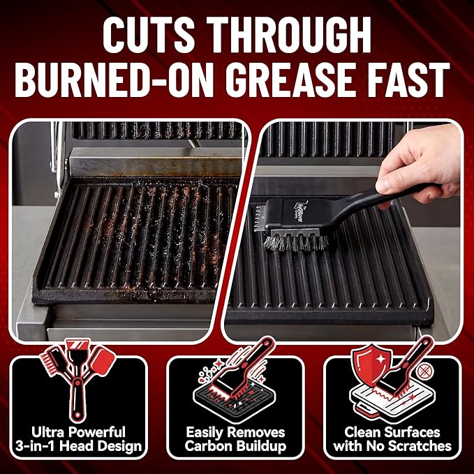 Panini Grill Brush Cleaner - Commercial BBQ & Electric Press Scraper – Heavy Duty Stainless Steel Bristles - 3-in-1 Head Grill Brush w/Scraper for Ribbed or Flat Surfaces by FryOilSaver Co - 90052