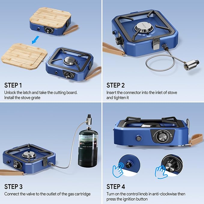 Camping Stove with Cutting Board, 304 Stainless Steel Portable Propane Camp Stove, Adjustable Burner with Piezo Ignition, Portable Gas Stove for Camping, BBQ