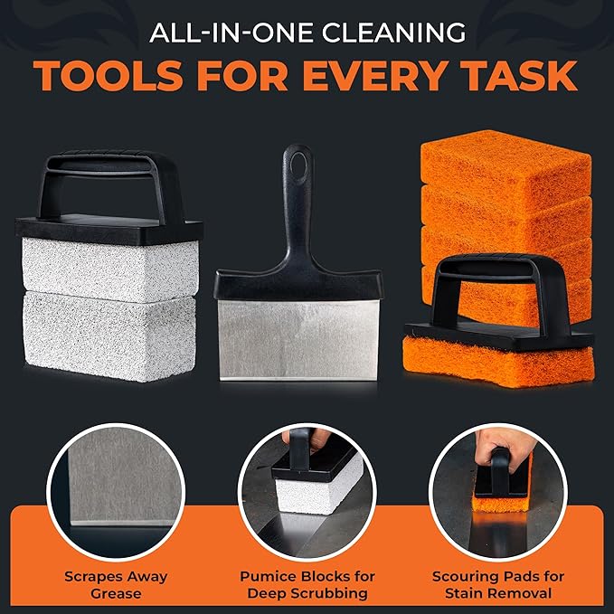 10-Piece Griddle Cleaning Kit for Blackstone, Flat Top Grill | Stainless Steel Scraper, 2 Cleaning Bricks, 5 Scouring Pads & 2 Ergonomic Handles | Grill Cleaning kit for Easy Restoration
