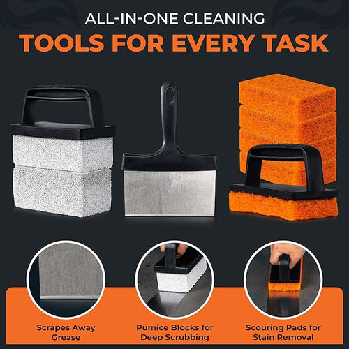 10-Piece Griddle Cleaning Kit for Blackstone, Flat Top Grill | Stainless Steel Scraper, 2 Cleaning Bricks, 5 Scouring Pads & 2 Ergonomic Handles | Grill Cleaning kit for Easy Restoration