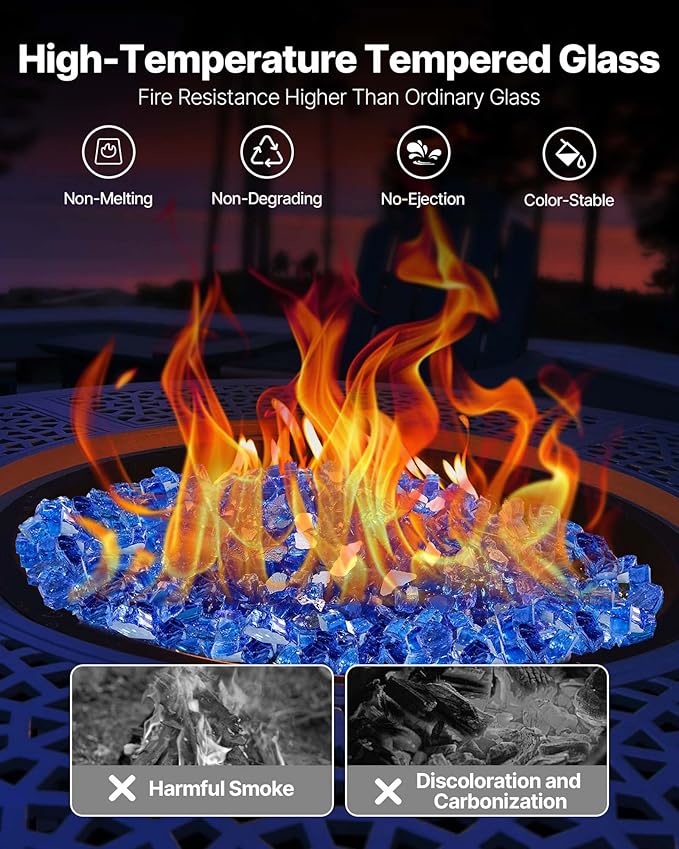 VEVOR Fire Glass, 20 lbs, Cobalt Blue, 1/2 Inch High-Temperature Resistant Reflective Glass Rocks, Smokeless Fire Pit Stones for Outdoor Table & Landscaping