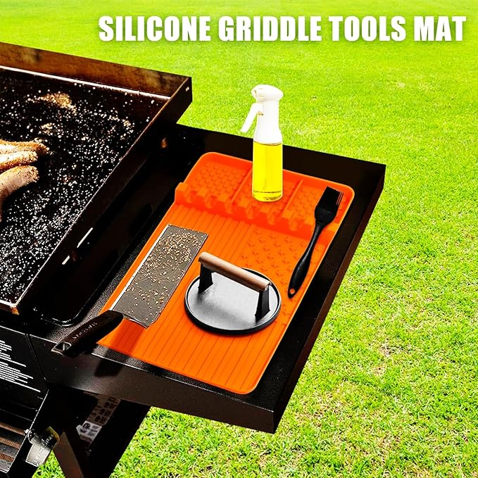 2 PCS Silicone Grill Mat Compatible with Blackstone, BBQ Griddle Tools Mat with Drip Pad, Spatula Mat for Outdoor Kitchen Counter, Gifts for Men (orange-2)