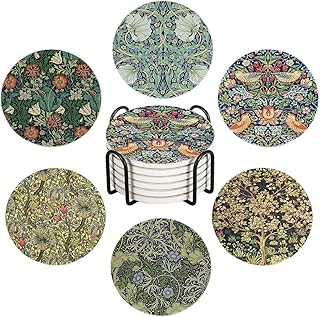Drink Coasters for Drinks Set of 6, Vintage Art Nouveau Floral Pattern Absorbent Round Ceramic Stone Mat Coaster, with Cork Base and Metal Holder, Home Bar Decor House Warming Gift