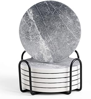 LIFVER Coasters for Drinks Absorbent, Living Room Decor, Ceramic Coasters Set of 6 with Cork Base, Protect Wooden Table or Furniture from Scratched, Drink Coasters with Holder - Grey