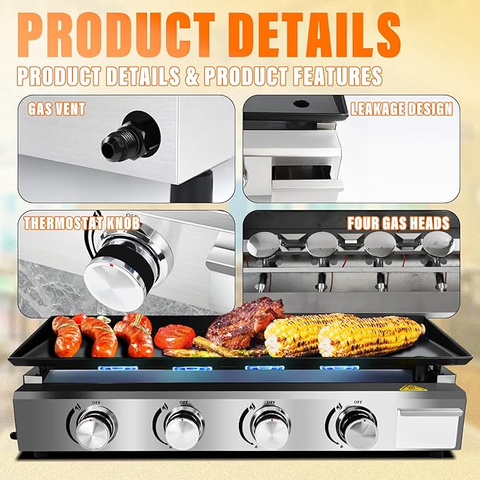 Burner Gas Griddle, 31.88 Inch Outdoor Propane Griddle, Portable Flat Top Grill, Flat Grills Outdoor Cooking, Plancha Para Cocinar, Outdoor BBQ, Camping Tailgating or Picnicking