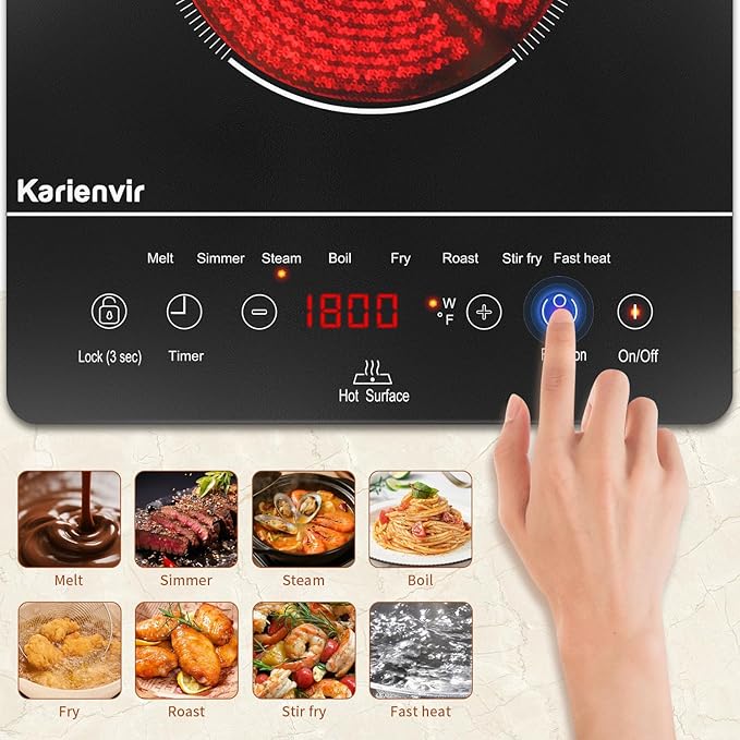 Single Burner Electric Cooktop, Portable Electric Stove 110v with plug, Touch Stove Electric with Safety Lock, Timer, Kitchen Cooking Electric Stove With 9 Power Levels, 1800W