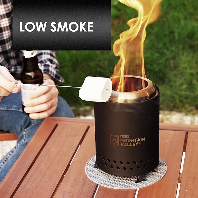 Red Mountain Valley Smokeless Tabletop Fire Pit with Mat, Portable Mini Low Smoke Camping Stove with Travel Bag and Fireproof Mat, Stainless Steel Black, for Outdoor Enthusiasts