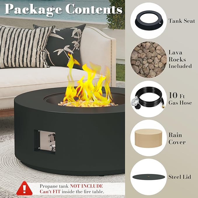 32.5 Inch Propane Fire Pit Table, 50,000 BTU Round Patio Fire Pit Table Outdoor, CSA Certified, Stainless Burner with Steel Lid, Waterproof Cover & Lava Rocks, for Garden Backyard, Black