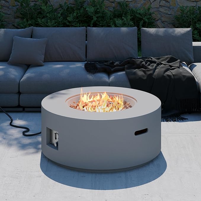 32.5 inch Round Propane Fire Pit, 50000 BTU Gas Fire Pit Table with Steel Lid, Waterproof Cover, 10ft Gas Hose & Gas Tank Base, Lava Rocks, Grey